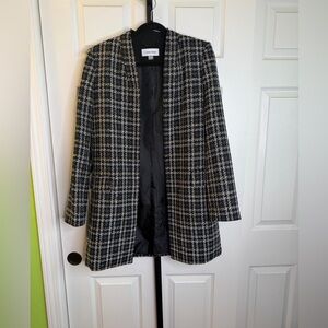 Calvin Klein Women's Black and White Plaid Open Front Long Blazer, size 8
